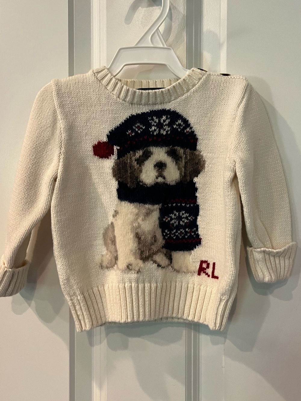 Polo Ralph Lauren Kids Cream Knit Puppy Sweater, Size 9 months